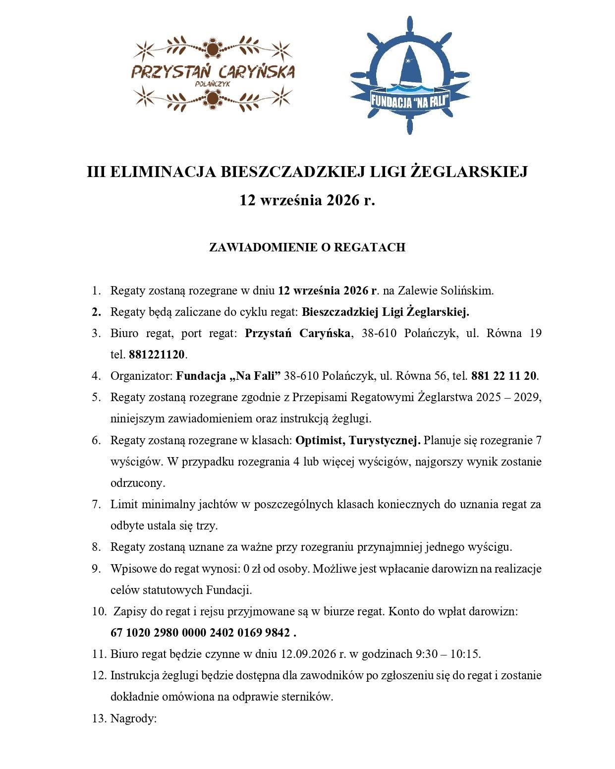 III eliminacja Bieszczadzkiej Ligi Żeglarskiej zawiadomienie o regatach